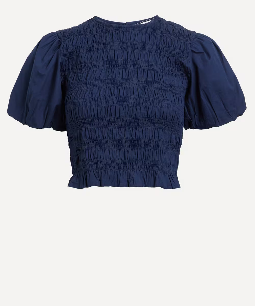 Maria de la Orden Baila Navy Shirt, Cotton Puff-Sleeve Top (Surplus - New)
