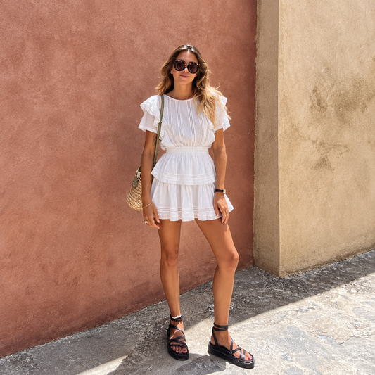 LoveShackFancy Natasha Heritage Mini Dress in White, Cotton Ruffle Dress (Surplus - New)