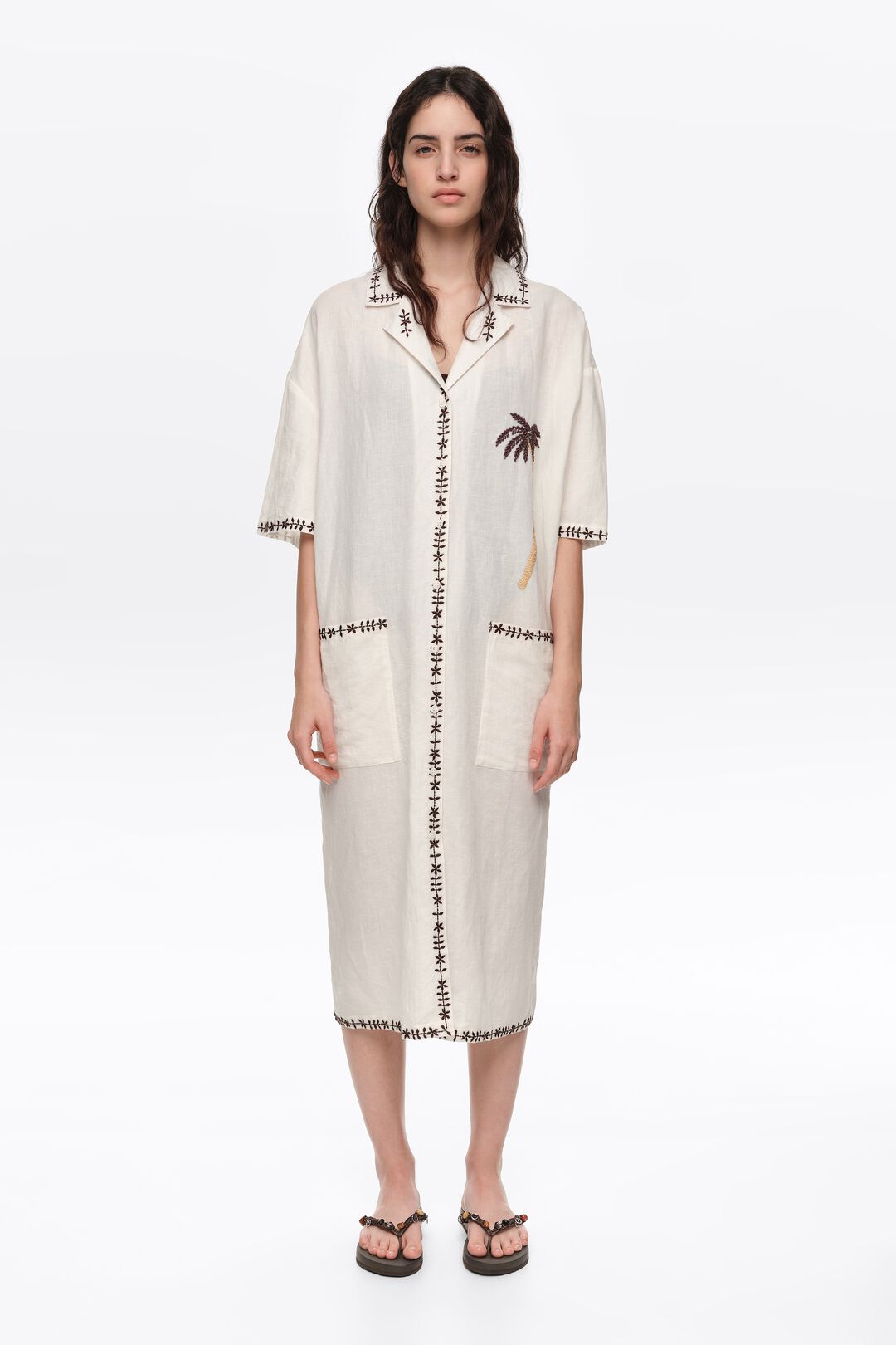 Bimba y Lola Brown Linen Blend Palm Tree Shirt Dress (Surplus - New)