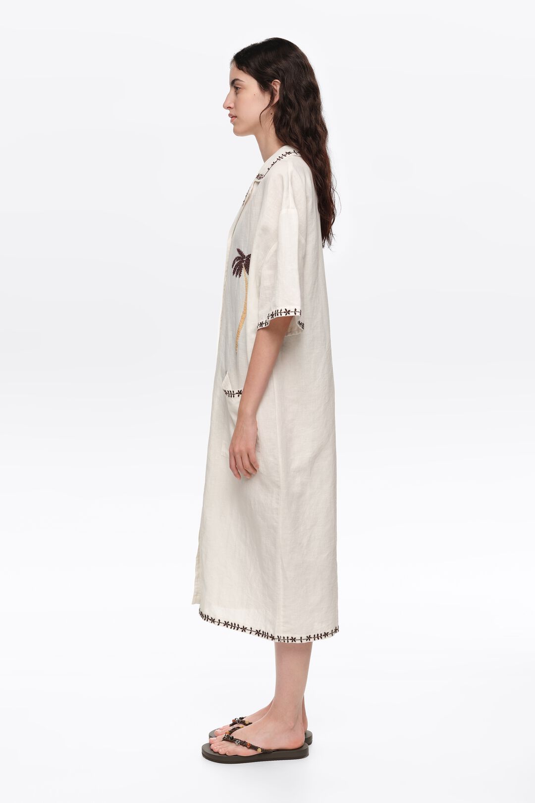 Bimba y Lola Brown Linen Blend Palm Tree Shirt Dress (Surplus - New)