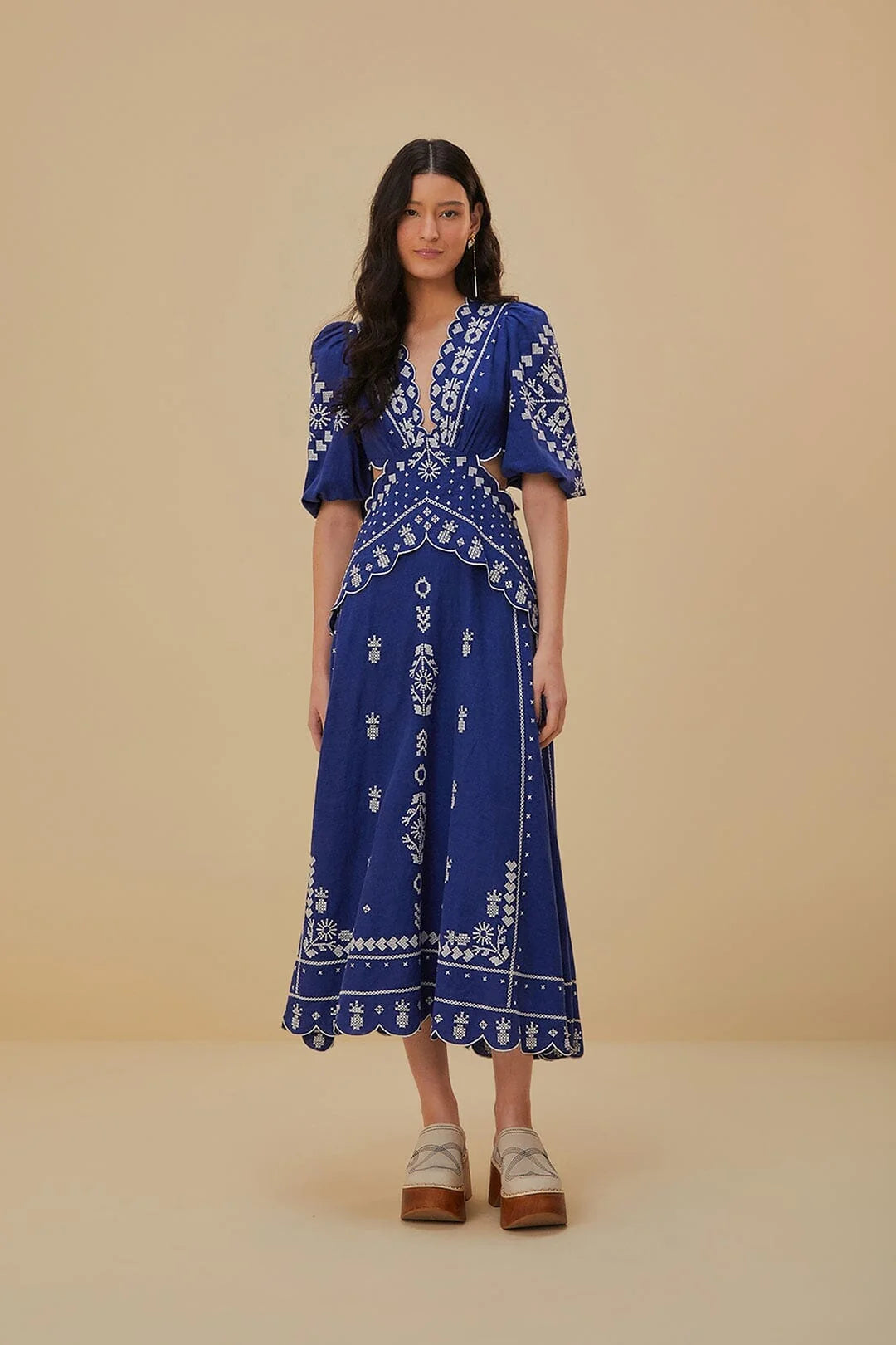 Farm Rio Navy Blue Embroidered Cut-Out Midi Dress (Surplus - New)