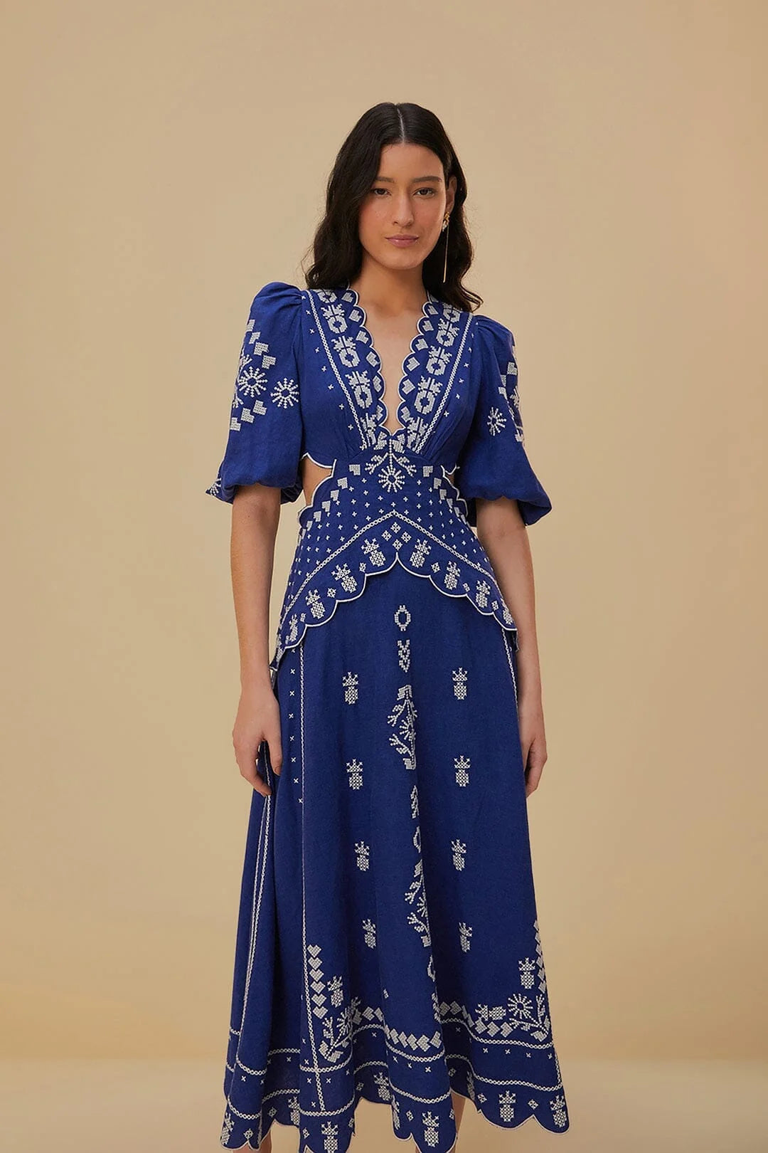 Farm Rio Navy Blue Embroidered Cut-Out Midi Dress (Surplus - New)
