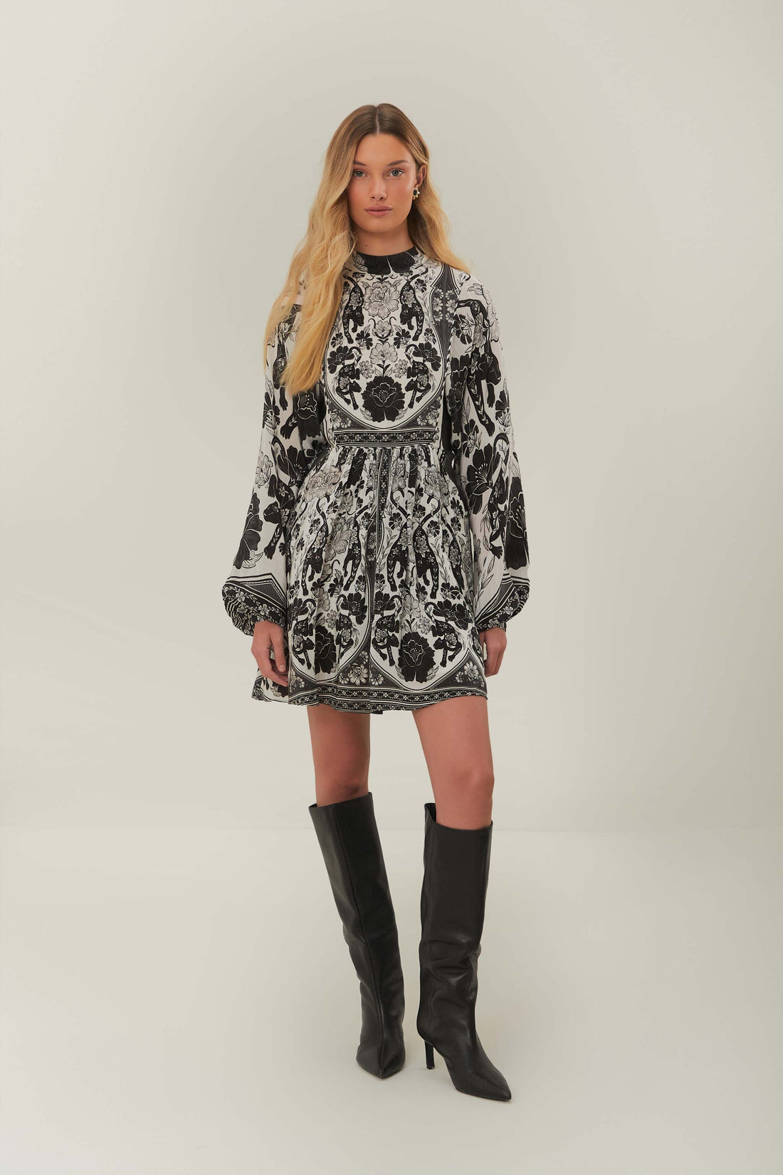 Farm Rio Off-White Flower Leopards Long-Sleeve Mini Dress (Surplus - New)