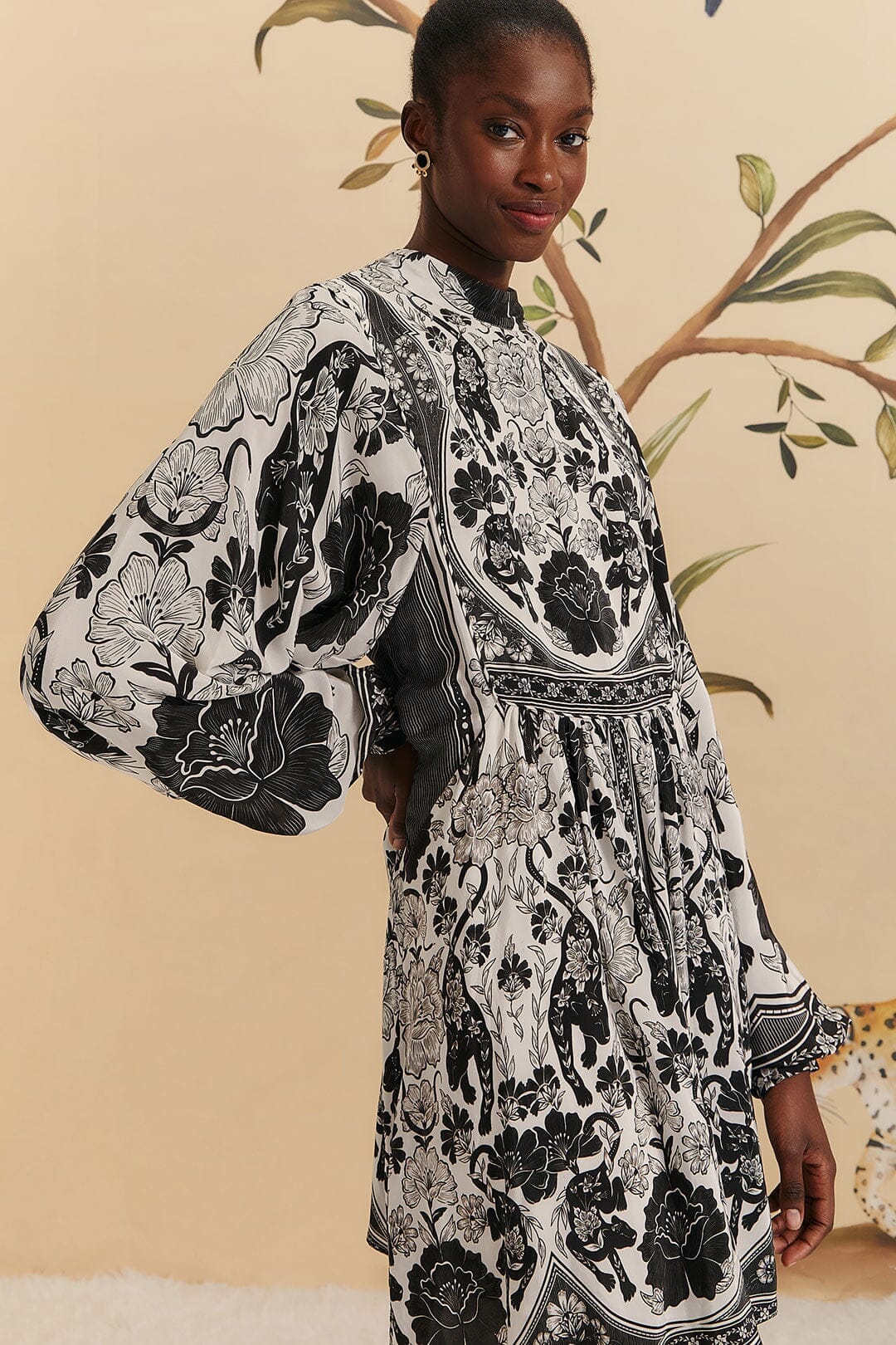 Farm Rio Off-White Flower Leopards Long-Sleeve Mini Dress (Surplus - New)