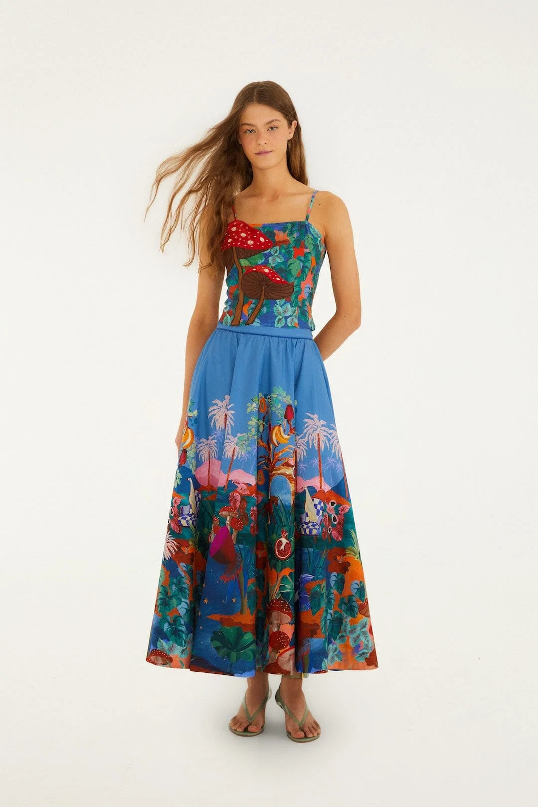 Farm Rio Multicolor Dream Landscape Organic Cotton Midi Skirt (Surplus - New)