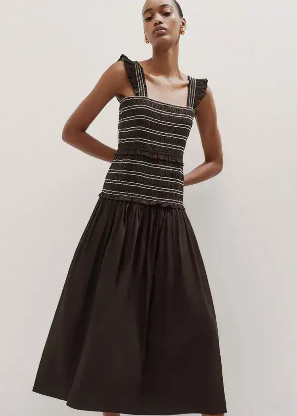 ME+EM Cotton Poplin Contrast Stitch Midi Dress in Summer Chocolate (Surplus - New)