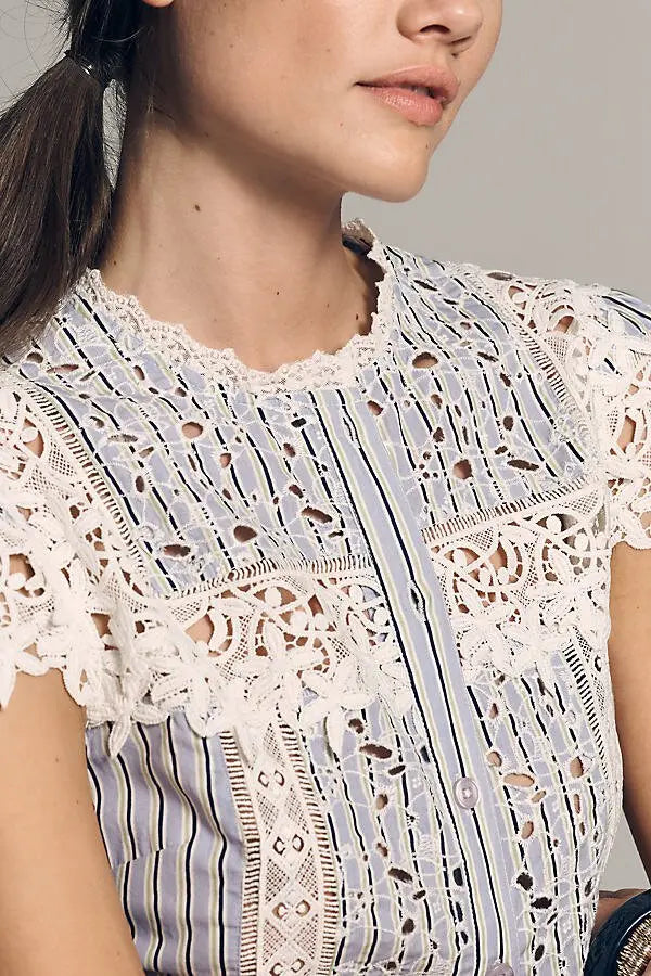 By Anthropologie Lace-Inset Blue Striped Blouse (Surplus - New)