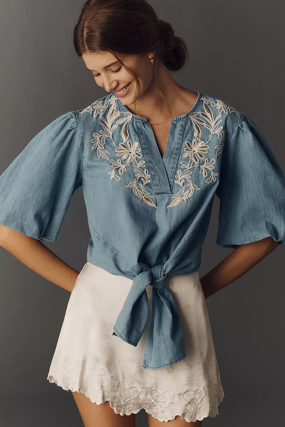 Maeve Puff-Sleeve Embroidered Blouse by Anthropologie (Surplus - New)