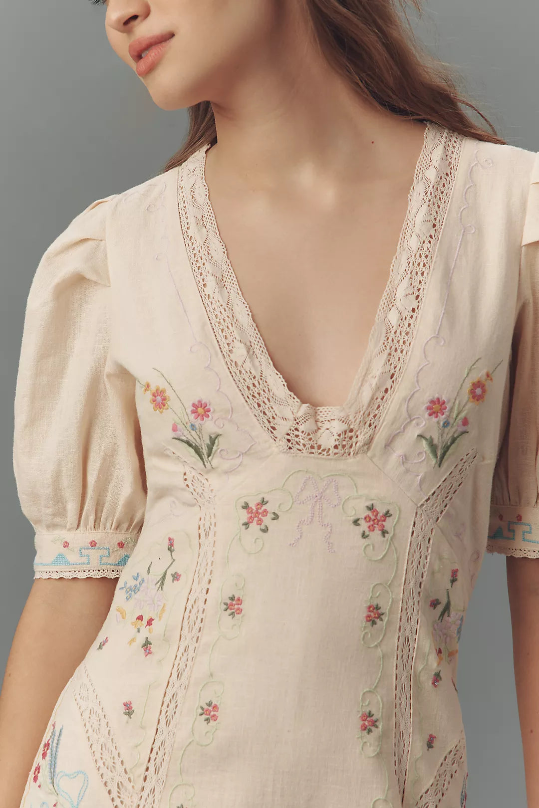 By Anthropologie Linen Blend Puff-Sleeve V-Neck Mini Dress (Surplus - New)