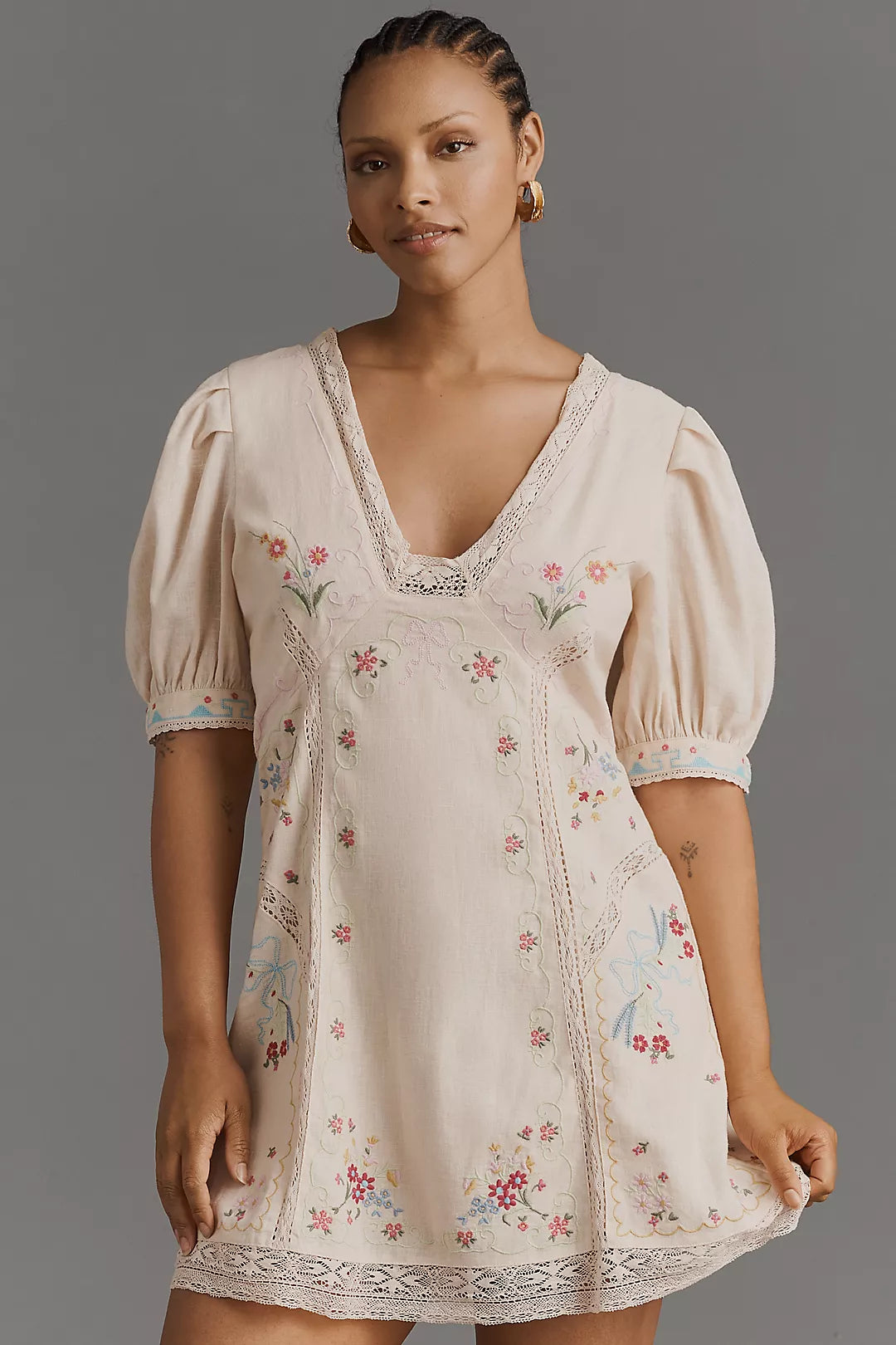 By Anthropologie Linen Blend Puff-Sleeve V-Neck Mini Dress (Surplus - New)