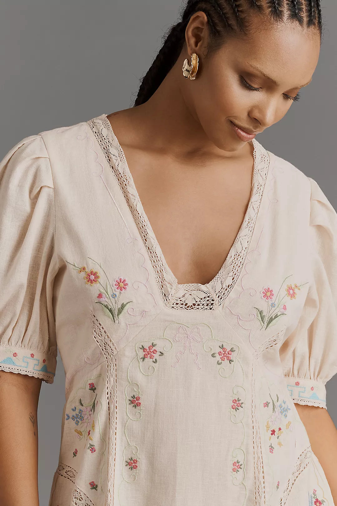 By Anthropologie Linen Blend Puff-Sleeve V-Neck Mini Dress (Surplus - New)