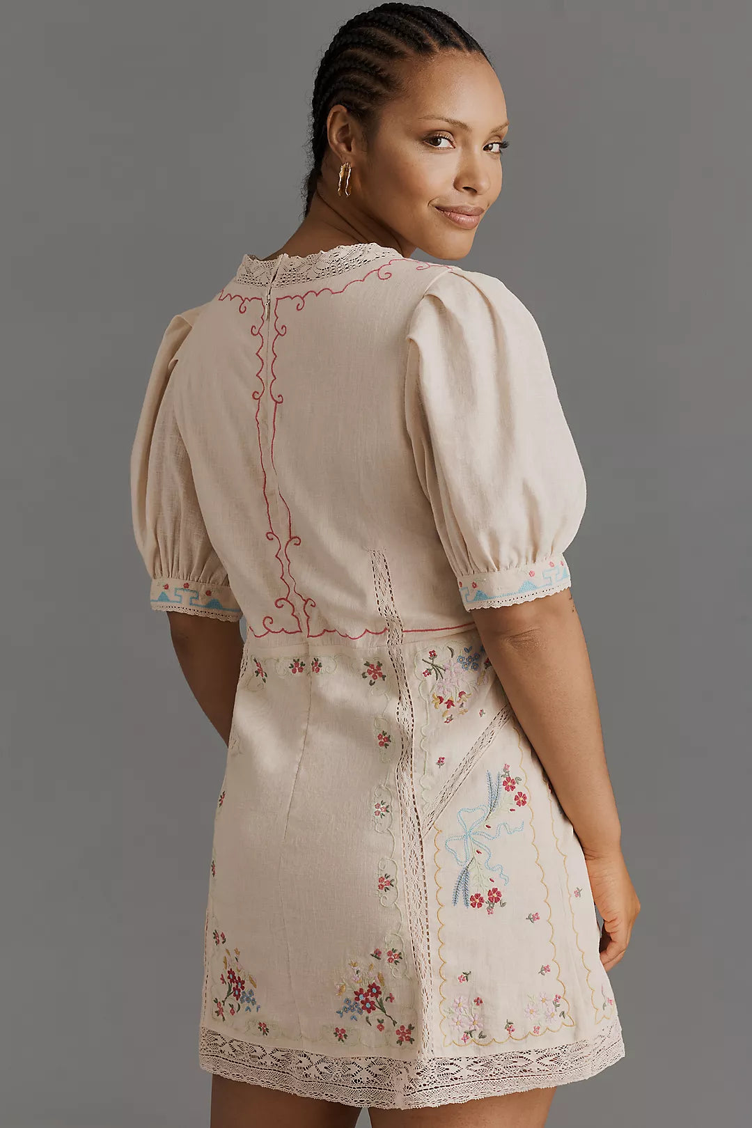 By Anthropologie Linen Blend Puff-Sleeve V-Neck Mini Dress (Surplus - New)