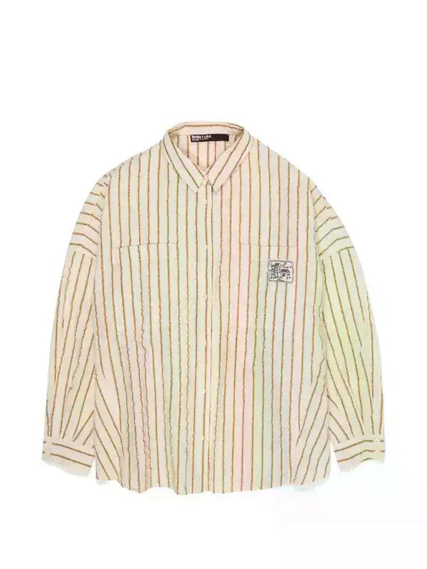 Bimba y Lola Natural Ocher Striped Textured Cotton Oversize Shirt (Surplus - New)