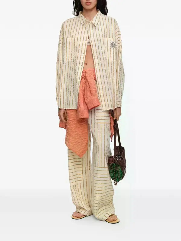 Bimba y Lola Natural Ocher Striped Textured Cotton Oversize Shirt (Surplus - New)