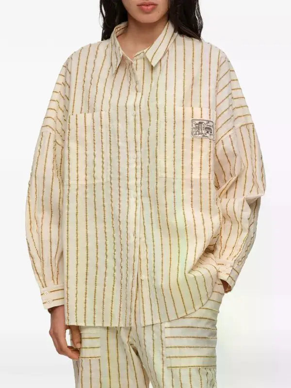 Bimba y Lola Natural Ocher Striped Textured Cotton Oversize Shirt (Surplus - New)