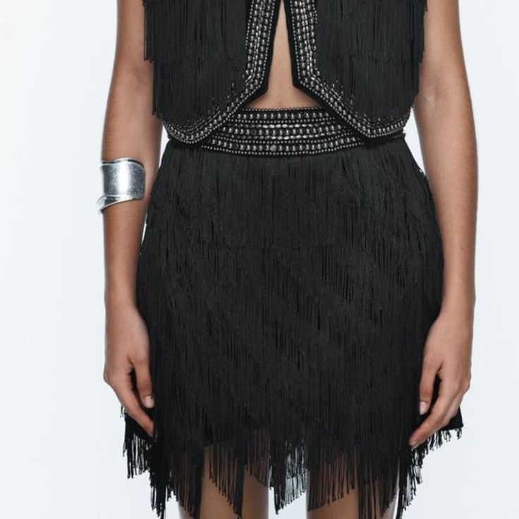 Zara Black Fringe & Velvet Set of  Beaded Skirt & Vest (Surplus New)