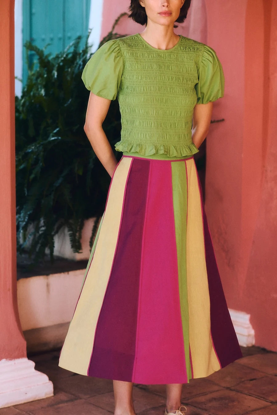 Maria de la Orden Samara Skirt – Olive & Magenta Cotton Midi Skirt (Surplus - New)