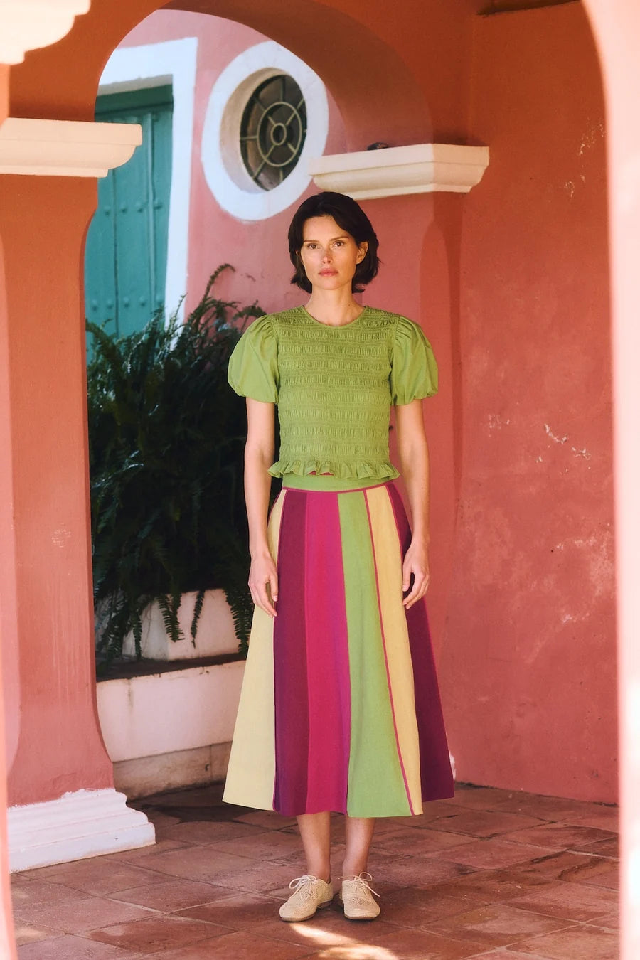 Maria de la Orden Samara Skirt – Olive & Magenta Cotton Midi Skirt (Surplus - New)