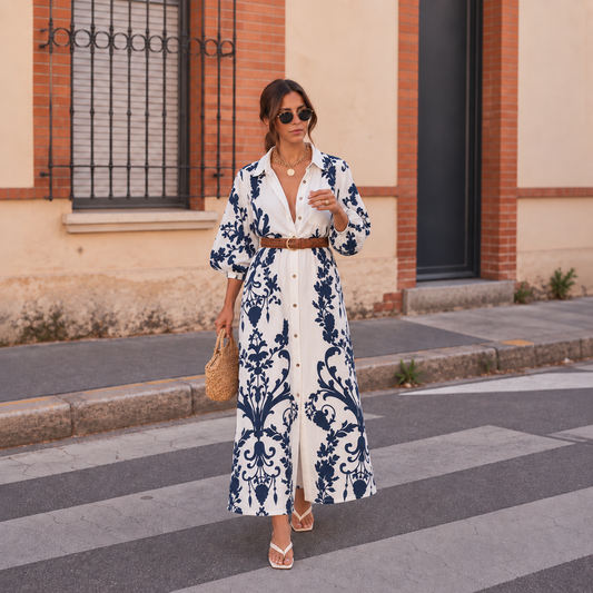 Anthropologie Maeve Blue Floral Collared Button-Front Cropped Sleeve Midi Dress - Belt Not Included (Surplus - New)