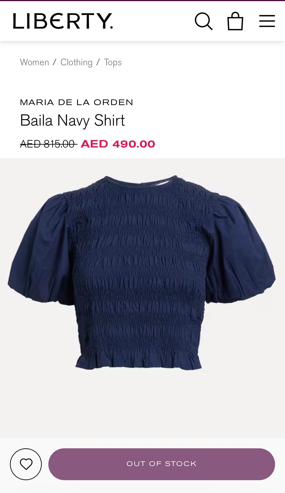 Maria de la Orden Baila Navy Shirt, Cotton Puff-Sleeve Top (Surplus - New)