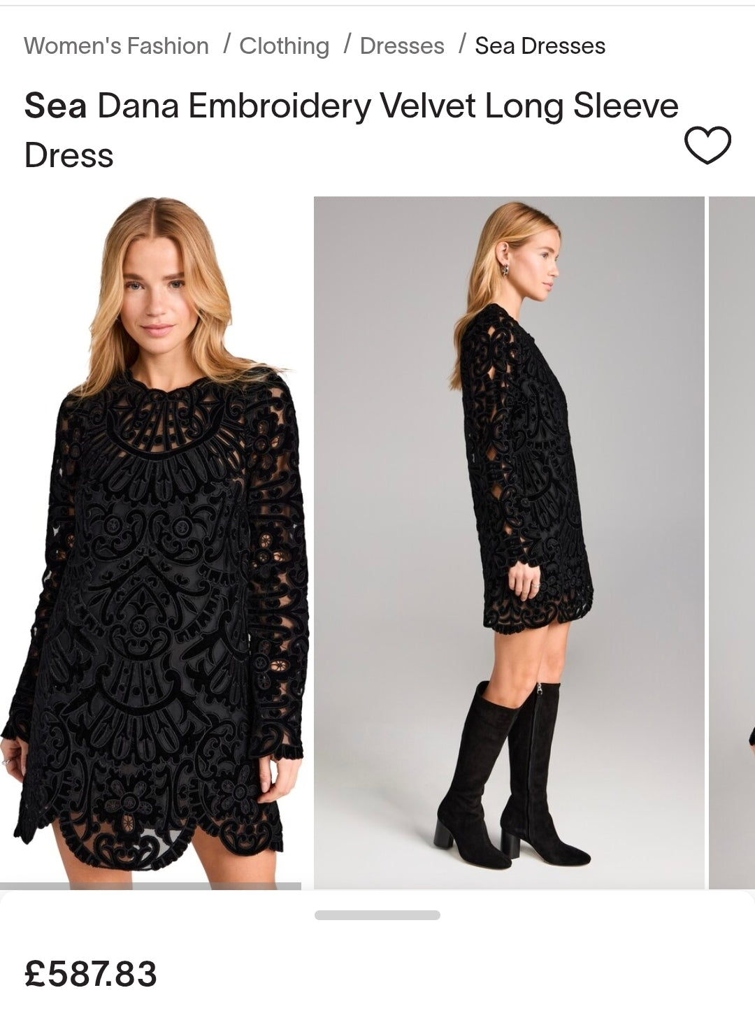 Sea New York Dana Embroidery Velvet Long Sleeve Dress - Black Slip Not Included (Surplus - New)