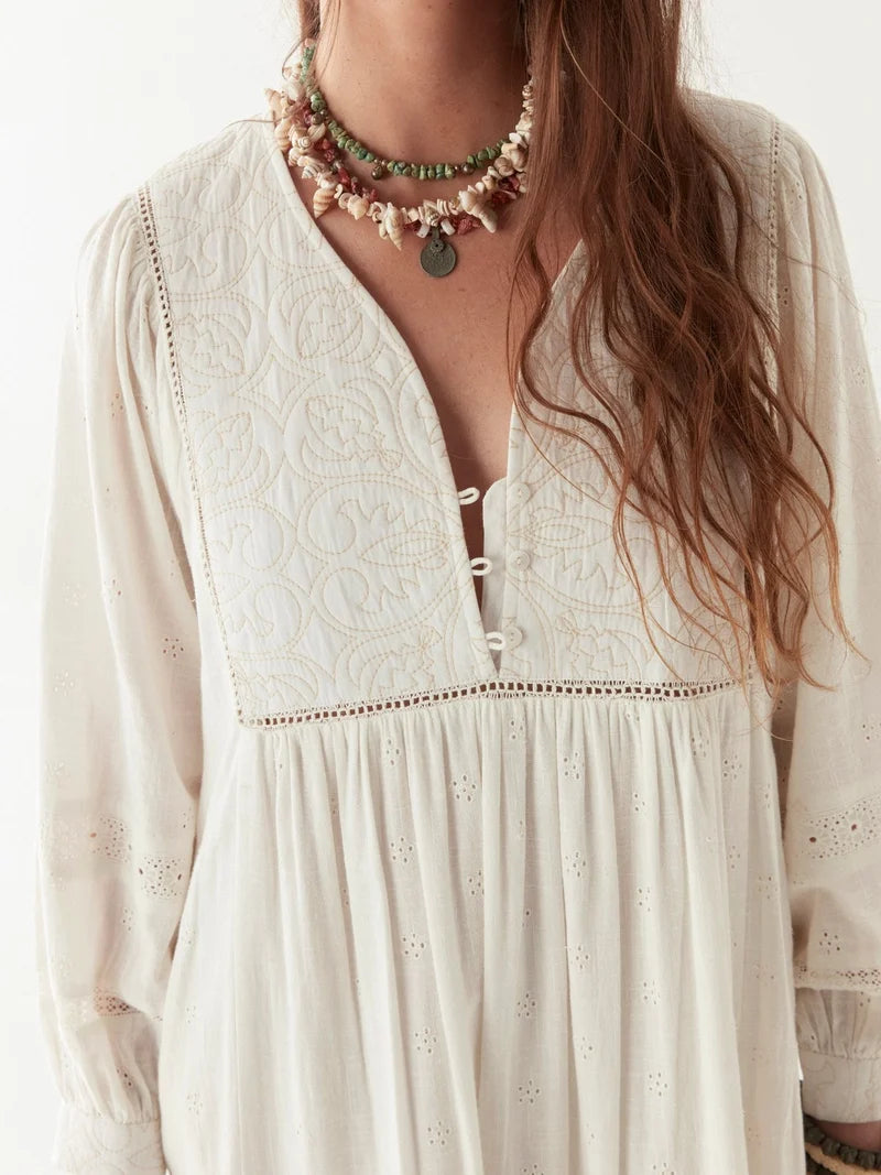 Maison Hotel Amalia Dress Mosaique Ivory, Cotton Embroidered Dress (Surplus - New)