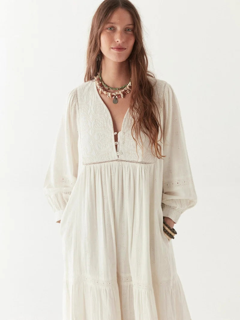 Maison Hotel Amalia Dress Mosaique Ivory, Cotton Embroidered Dress (Surplus - New)
