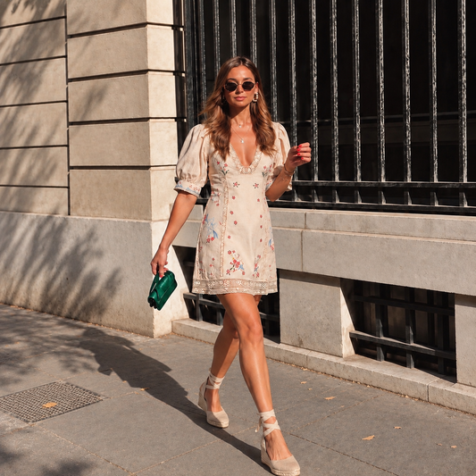 By Anthropologie Linen Blend Puff-Sleeve V-Neck Mini Dress (Surplus - New)