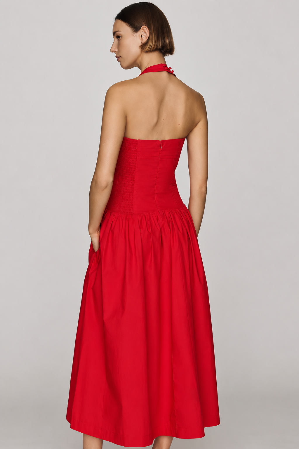 Anthropologie Maeve Poplin Halter Midi Dress in Red (Surplus - New)