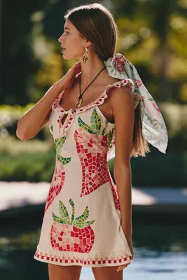 Celandine Strawberry Embroidered Open-Back Mini Dress (Surplus - New)