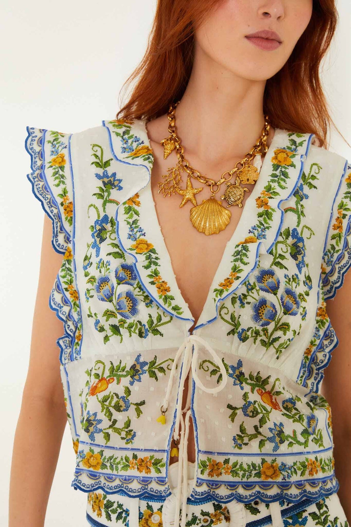 Farm Rio Off-White Emily Floral Tapestry Drawstring Blouse (Surplus - New)