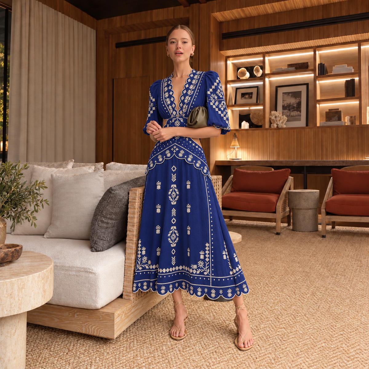 Farm Rio Navy Blue Embroidered Cut-Out Midi Dress (Surplus - New)