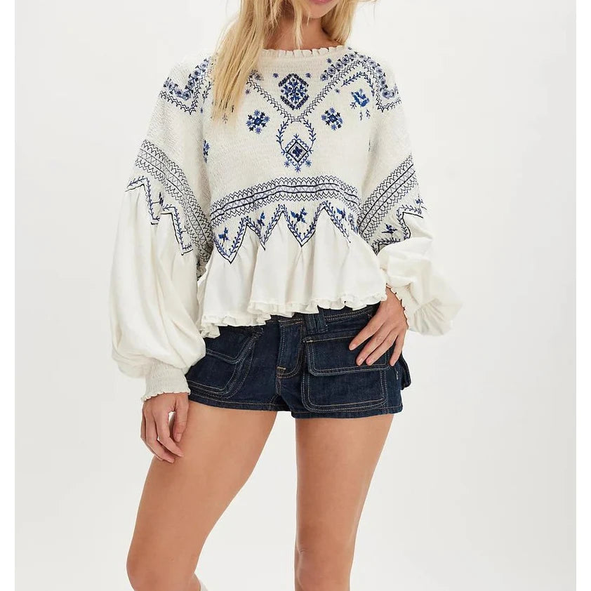 Free People Holly Smocked Embroidered Top in White (Surplus - New)