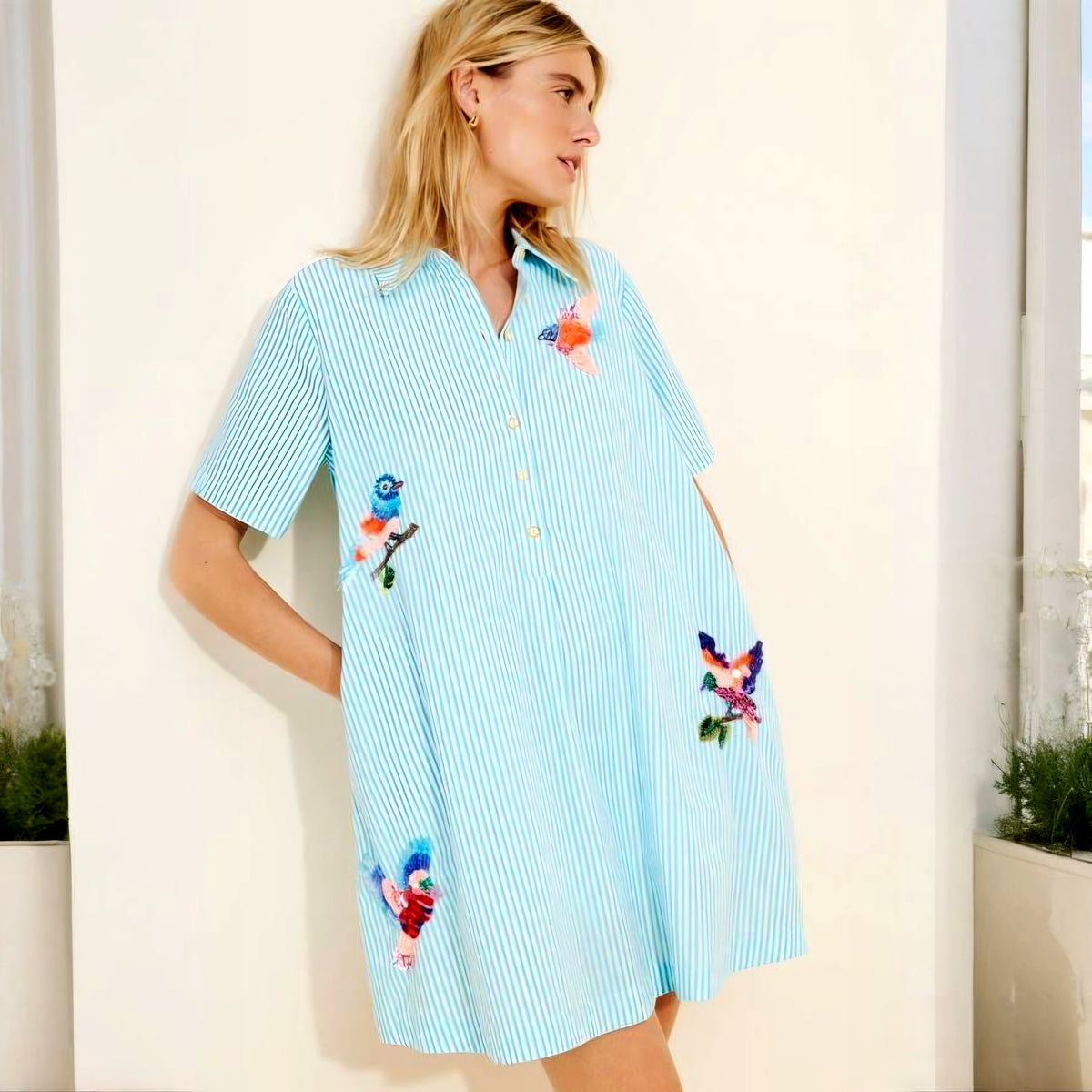 The Pollie Short-Sleeve Swing Tunic Mini Dress: Embroidered Edition (Surplus - New)