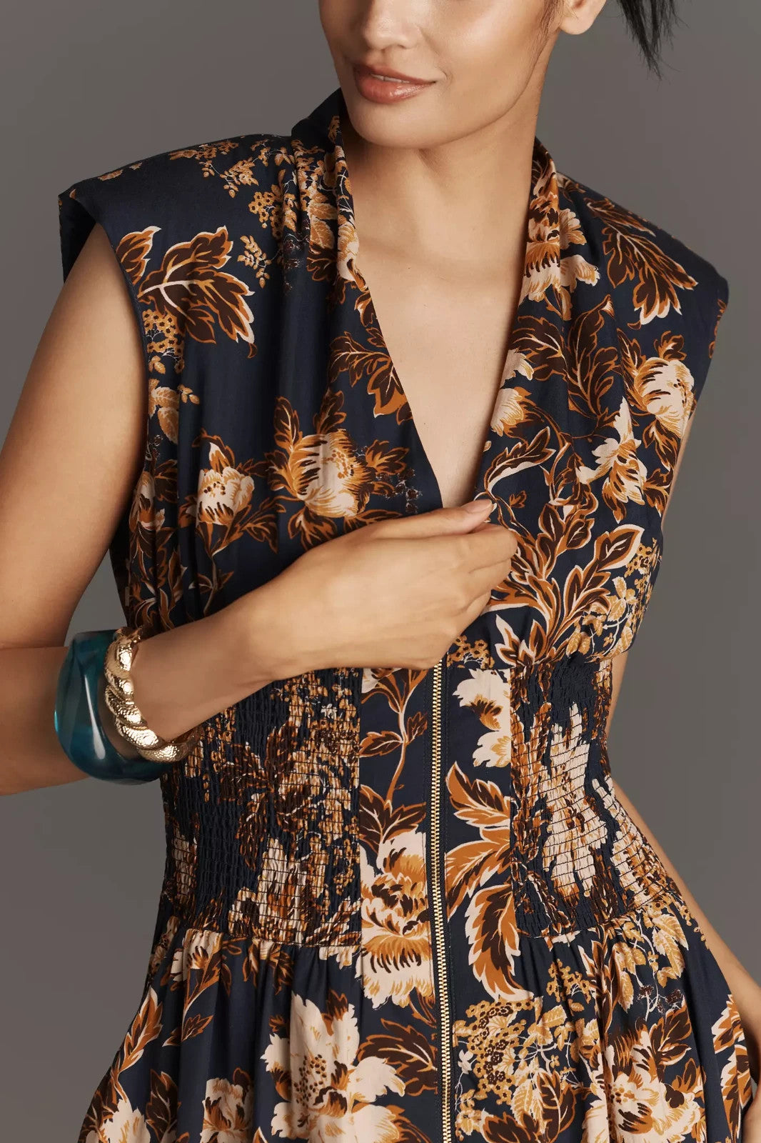 Anthropologie The Tommie Zip-Front Midi Dress – Navy Brown Floral (Surplus - New)