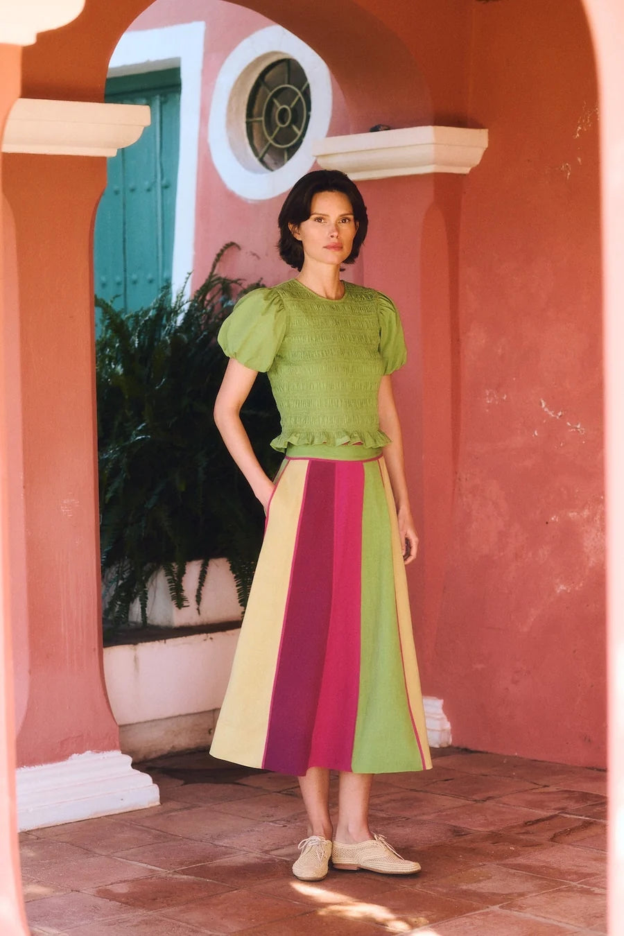 Maria de la Orden Samara Skirt – Olive & Magenta Cotton Midi Skirt (Surplus - New)