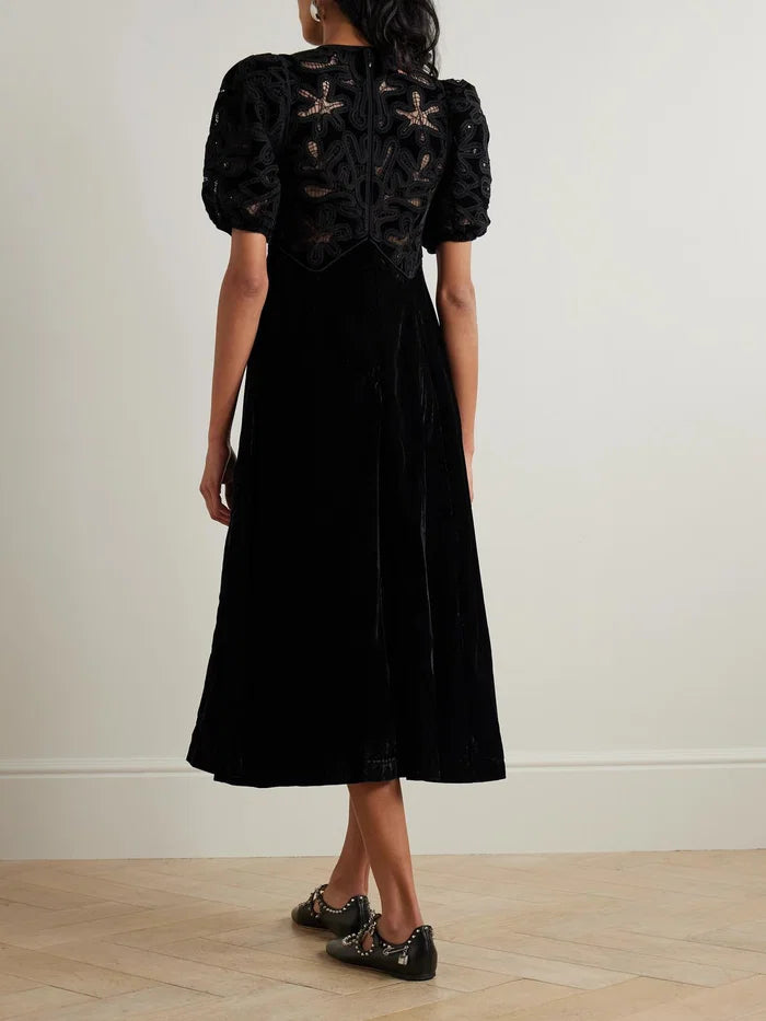 Sea Alice Embroidered Lace-Trimmed Velvet Midi Black Dress (Surplus - New)