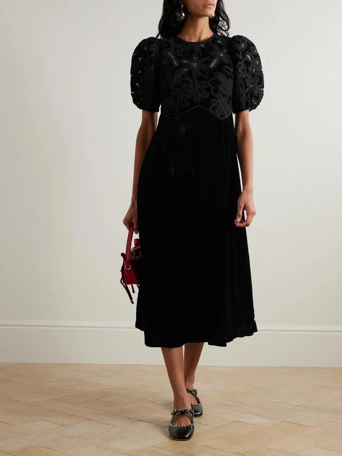 Sea Alice Embroidered Lace-Trimmed Velvet Midi Black Dress (Surplus - New)