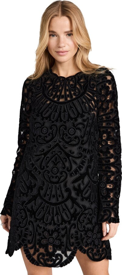 Sea New York Dana Embroidery Velvet Long Sleeve Dress - Black Slip Not Included (Surplus - New)