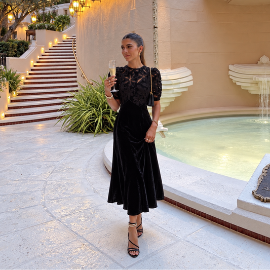 Sea Alice Embroidered Lace-Trimmed Velvet Midi Black Dress (Surplus - New)